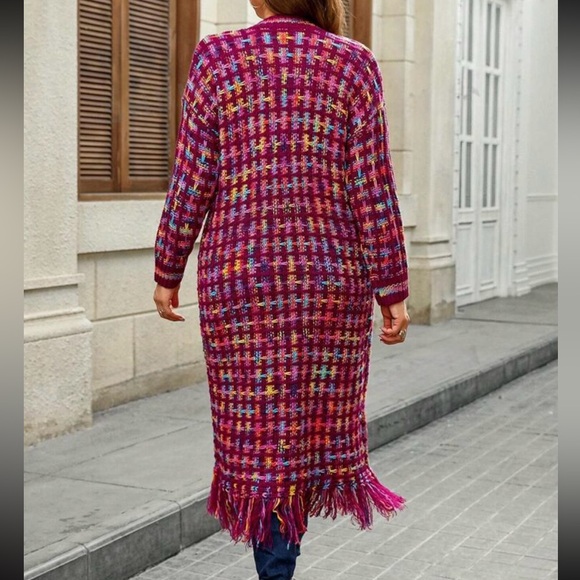 Boho Tassel Fringe Knit Sweater Cardigan Pink - Picture 2 of 13